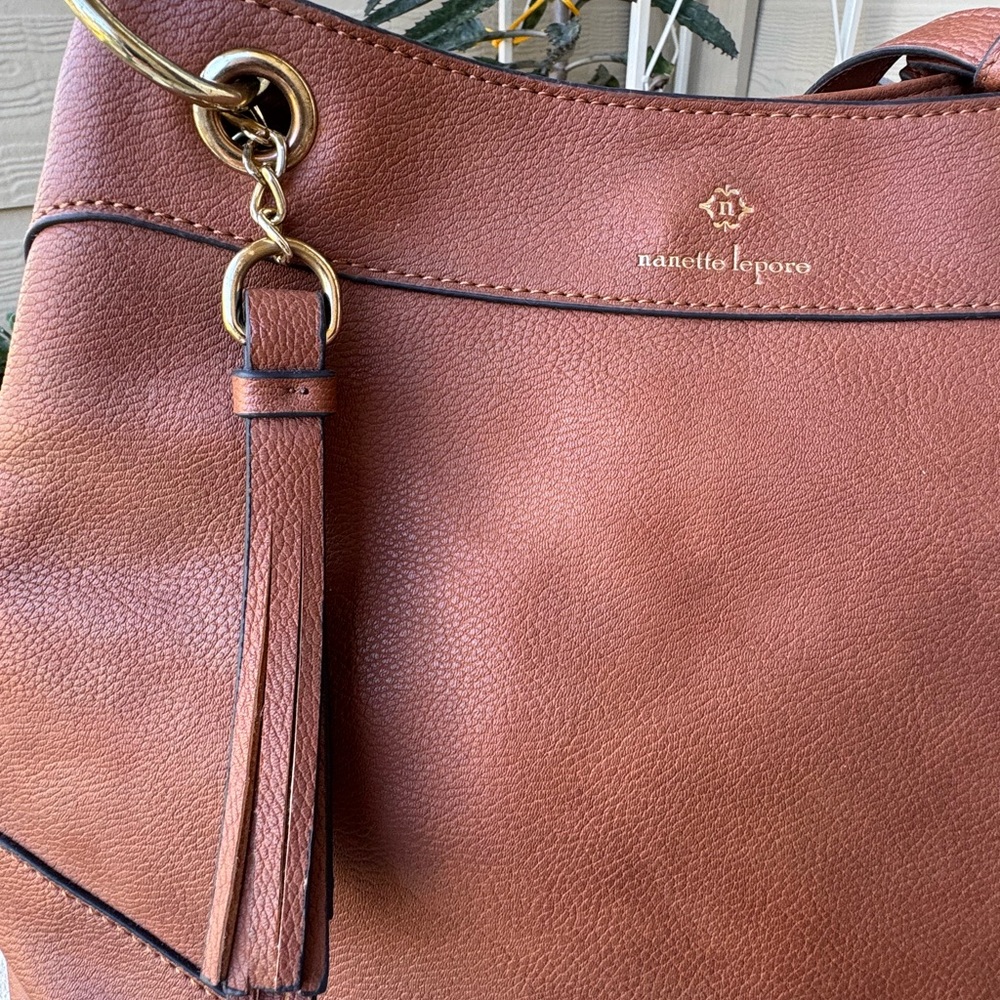 Nanette Lepore Pebbled Leather Tassel Tote Brown Boho Chic Animal Print Classic - Picture 3 of 14